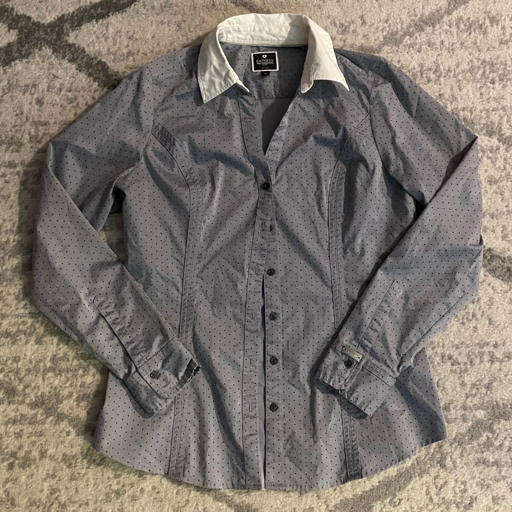 Express Button Down Collared Shirt Gray White Collar Black Polka Dots